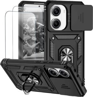 Capa para Xiaomi Poco X7 Pro 5G Capinha | com 2 peças de protetor de tela temperado com janela deslizante da câmera e suporte para telefone incluídos - Preto