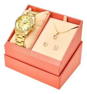 Kit Relógio Feminino Elegante Co2035nsm/k4x Dourado Condor Fundo Champanhe