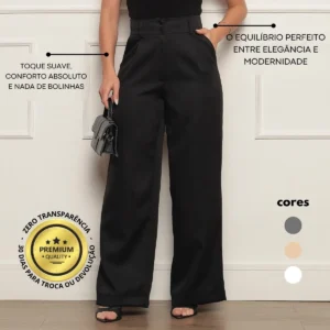 Calça Alfaiataria Feminina Wide Leg Social Cintura Alta