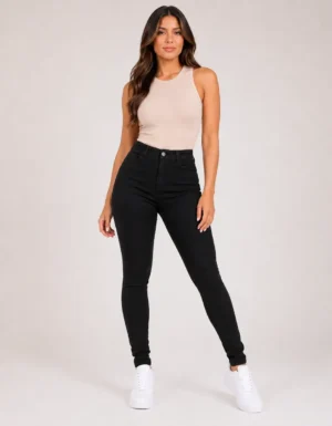 Calça Jeans Preta Feminina Super Lycra Skinny Cintura Alta